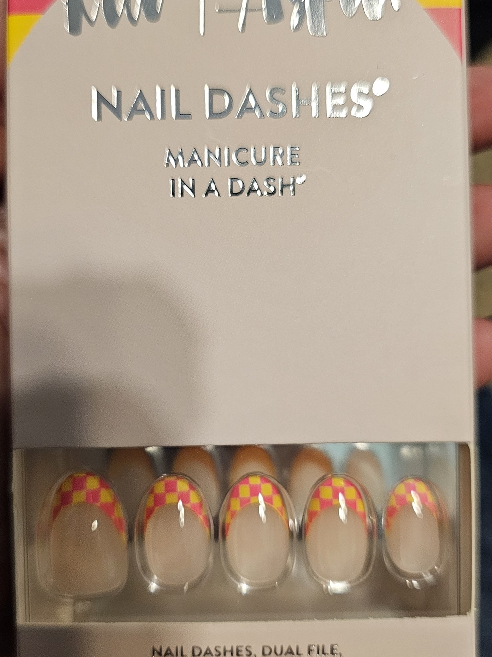 Nail Dashes Checkered French Tip Press-On Nails - Pink & Yellow